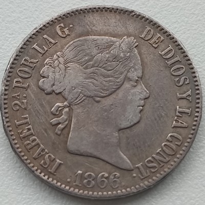 Ispanija. 1 eskudas 1866 m. Sidabras. Ispanija. 1 eskudas 1866 m. Sidabras.