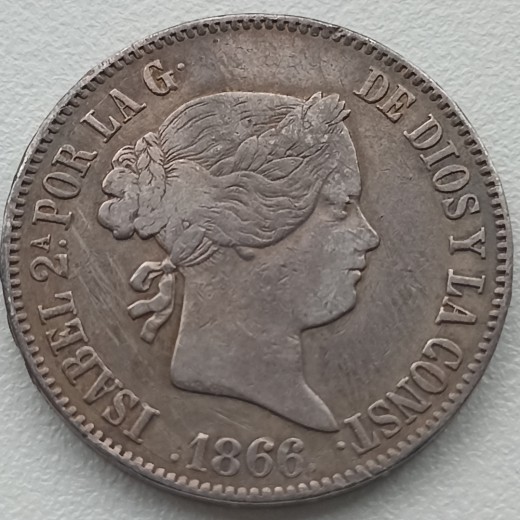 Ispanija. 1 eskudas 1866 m. Sidabras. Ispanija. 1 eskudas 1866 m. Sidabras.