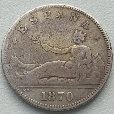 Ispanija. 2 pesetos 1870 m. Sidabras. Ispanija. 2 pesetos 1870 m. Sidabras.
