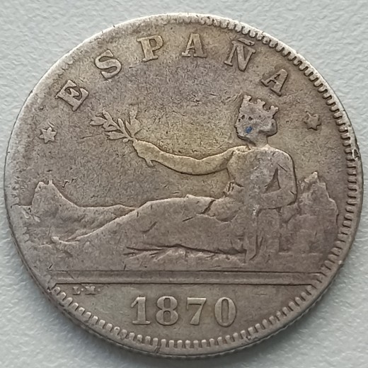 Ispanija. 2 pesetos 1870 m. Sidabras. Ispanija. 2 pesetos 1870 m. Sidabras.
