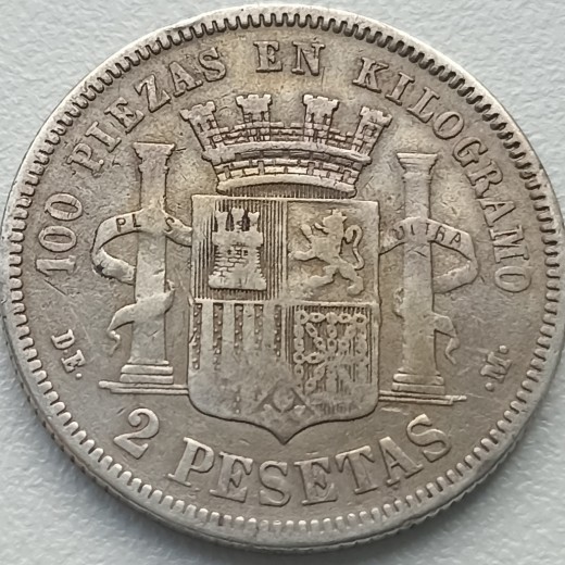 Ispanija. 2 pesetos 1870 m. Sidabras. Ispanija. 2 pesetos 1870 m. Sidabras.