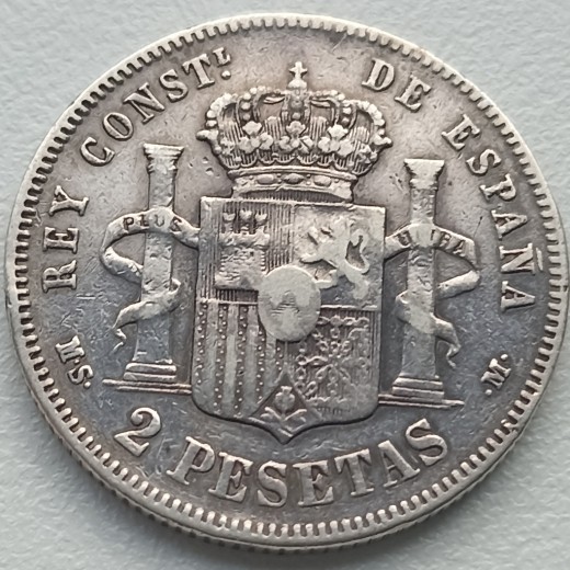 Ispanija. 2 pesetos 1882 m. Sidabras. Ispanija. 2 pesetos 1882 m. Sidabras.