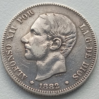 Ispanija. 2 pesetos 1882 m. Sidabras. Ispanija. 2 pesetos 1882 m. Sidabras.