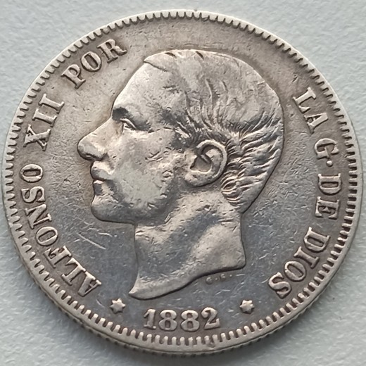 Ispanija. 2 pesetos 1882 m. Sidabras. Ispanija. 2 pesetos 1882 m. Sidabras.