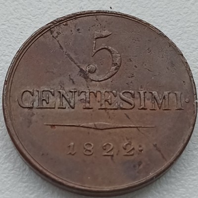 Italija. 5 sentesimi 1822 m.