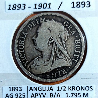 JUNGTINĖ KARALYSTĖ 1/2 KRONOS 1893 m. SIDABRAS