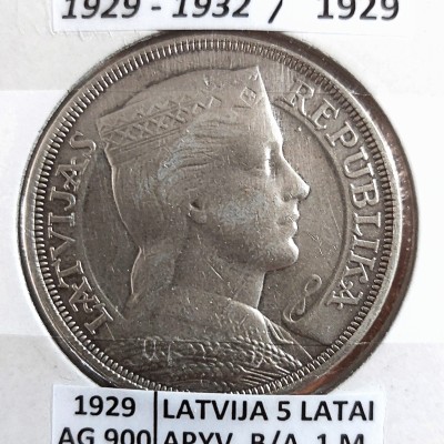 LATVIJA 5 LATAI  1929 m. SIDABRAS