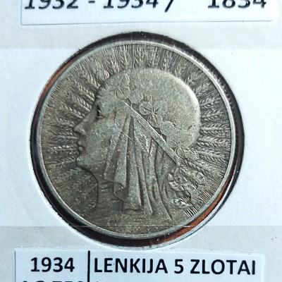LENKIJA 5 ZLOTAI 1934 m. SIDABRAS