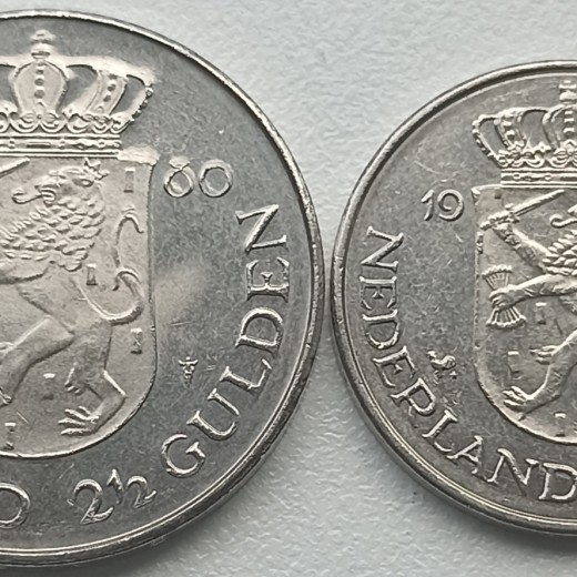 Nyderlandai. 1 ir 2 1/2 guldeno. Nyderlandai. 1 ir 2 1/2 guldeno.