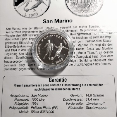 SAN MARINAS 1000 LIRŲ 1994 m. (PROOF) SIDABRAS