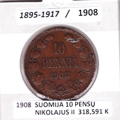 SUOMIJA 10 PENSŲ 1908 m.