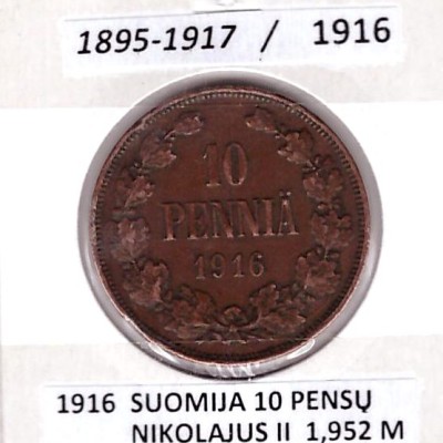 SUOMIJA 10 PENSŲ 1916 m.