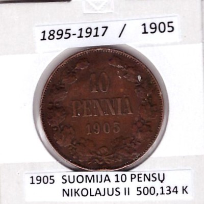 SUOMIJA 10 PENSŲ 1905 m.