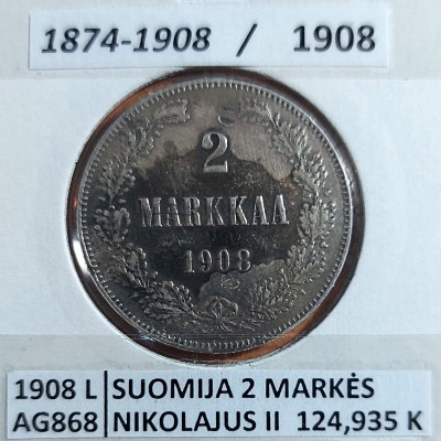 SUOMIJA 2 MARKĖS 1908 m. SIDABRAS (retesnė)