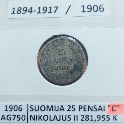 SUOMIJA 25 PENSAI 1906 m. SIDABRAS (retesnė)