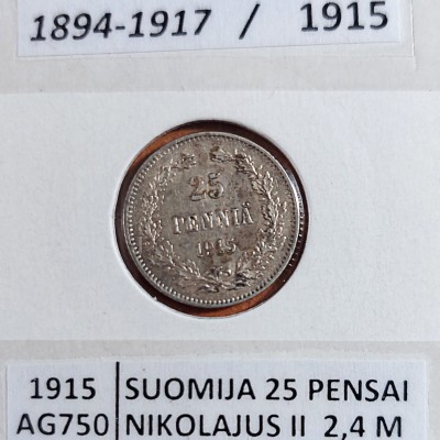 SUOMIJA 25 PENSAI 1915 m. SIDABRAS