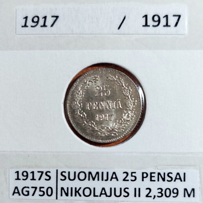 SUOMIJA 25 PENSAI 1917 m. (be karūnos) SIDABRAS