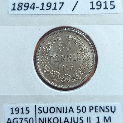SUOMIJA 50 PENSŲ 1915 m. SIDABRAS