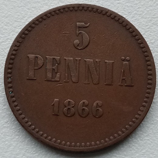 Suomija. 5 penny 1866 m.