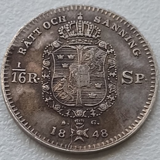Švedija. 1/16 rigsdaler 1848 m. Sidabras. Švedija. 1/16 rigsdaler 1848 m. Sidabras.