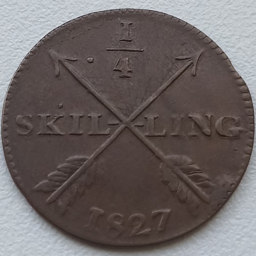 Švedija. 1/4 skilingo 1827 m.