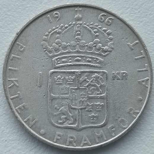 Švedija. 1 krona 1966 m. Sidabras. Švedija. 1 krona 1966 m. Sidabras.