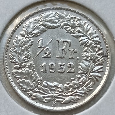 Šveicarija. 1/2 franko 1852 m. Sidabras.