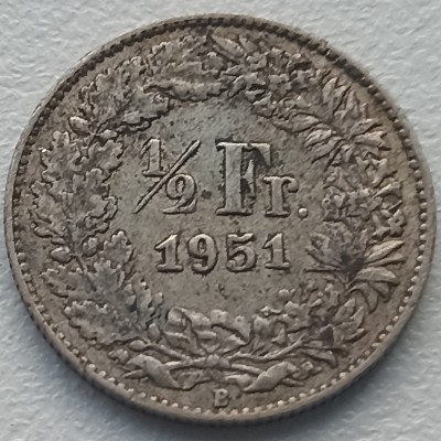 Šveicarija. 1/2 franko 1951 m. Sidabras.