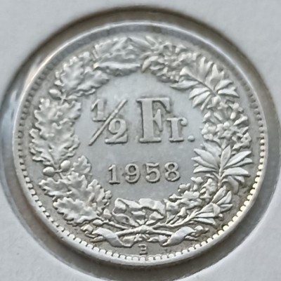 Šveicarija. 1/2 franko 1958 m. Sidabras.