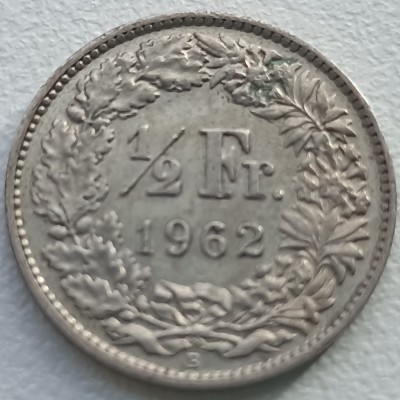 Šveicarija. 1/2 franko 1962 m. Sidabras.