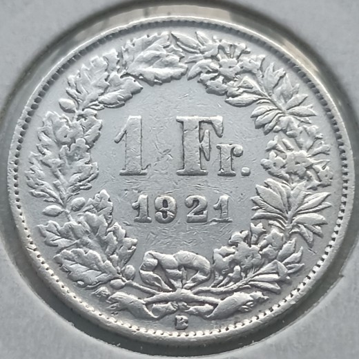 Šveicarija. 1 frankas 1921 m. Sidabras. Šveicarija. 1 frankas 1921 m. Sidabras.