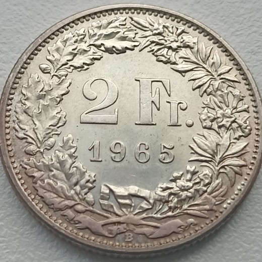 Šveicarija. 2 frankai 1965 m. Sidabras. Šveicarija. 2 frankai 1965 m. Sidabras.