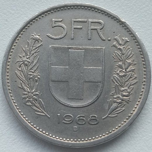 Šveicarija. 5 frankai 1968 m. Šveicarija. 5 frankai 1968 m.