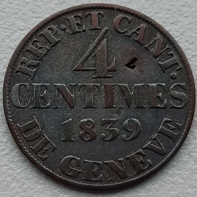Šveicarija. Ženeva. 4 centimai 1839 m.