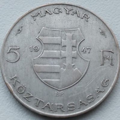 Vengrija. 5 forintai 1947 m. Sidabras.