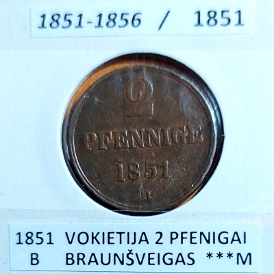 VOKIETIA BRAUNŠVEIGAS 2 PFENIGAI 1851 m.