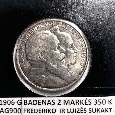 VOKIETIJA BADENAS 2 MARKĖS 1906 m. PROGINĖ SIDABRAS