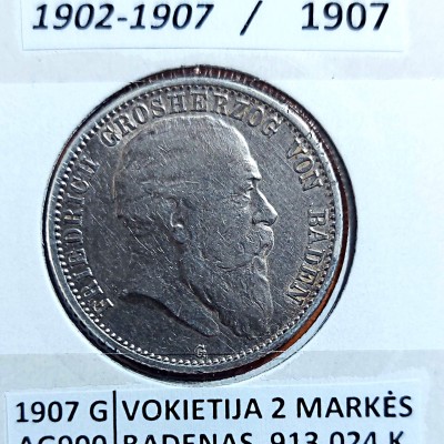 VOKIETIJA BADENAS 2 MARKĖS 1907 m. SIDABRAS