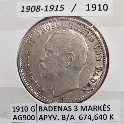 VOKIETIJA 3 MARKĖS BADENAS 1910 m. SIDABRAS