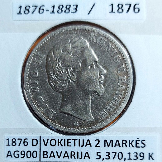 VOKIETIJA BAVARIJA 2 MARKĖS 1876 m. SIDABRAS VOKIETIJA BAVARIJA 2 MARKĖS 1876 m. SIDABRAS
