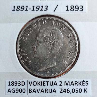 VOKIETIJA BAVARIJA 2 MARKĖS 1893 m. SIDABRAS