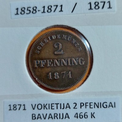VOKIETIJA BAVARIJA 2 PFENIGAI 1871 m.
