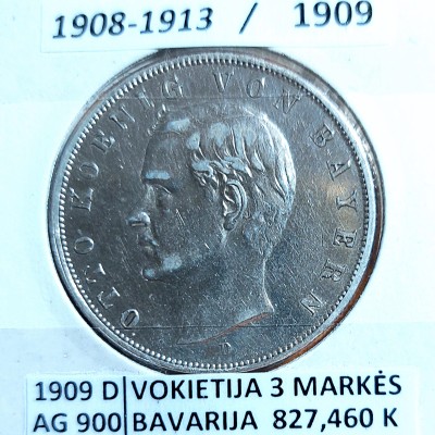 VOKIETIJA BAVARIJA 3 MARKĖS 1909 m. SIDABRAS VOKIETIJA BAVARIJA 3 MARKĖS 1909 m. SIDABRAS