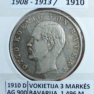 VOKIETIJA BAVARIJA 3 MARKĖS 1910 m. SIDABRAS VOKIETIJA BAVARIJA 3 MARKĖS 1910 m. SIDABRAS
