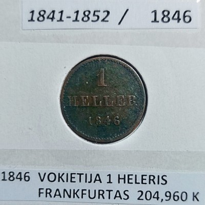 VOKIETIJA FRANKFURTAS 1 HELERIS 1846 m.