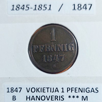 VOKIETIJA HANOVERIS 1 PFENIGAS 1847 m.
