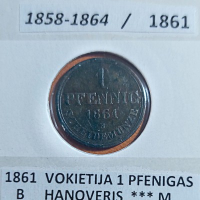 VOKIETIJA HANOVERIS 1 PFENIGAS 1861 m.