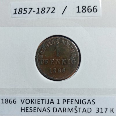 VOKIETIJA HESENAS  1 PFENIGAS 1866 m.