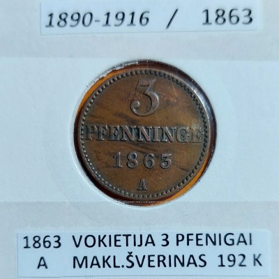 VOKIETIJA MAKLENBURGAS-ŠVERINAS 3 PFENIGAI 1863 m.