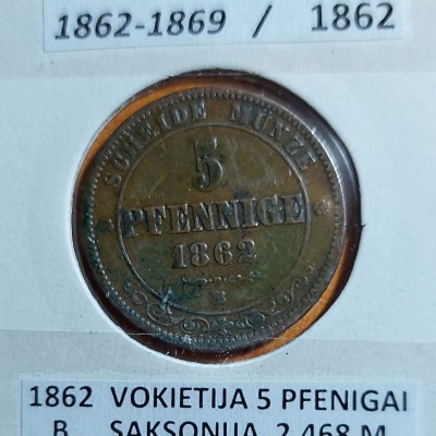 VOKIETIJA SAKSONIJA 5 PFENIGAI 1862 m.